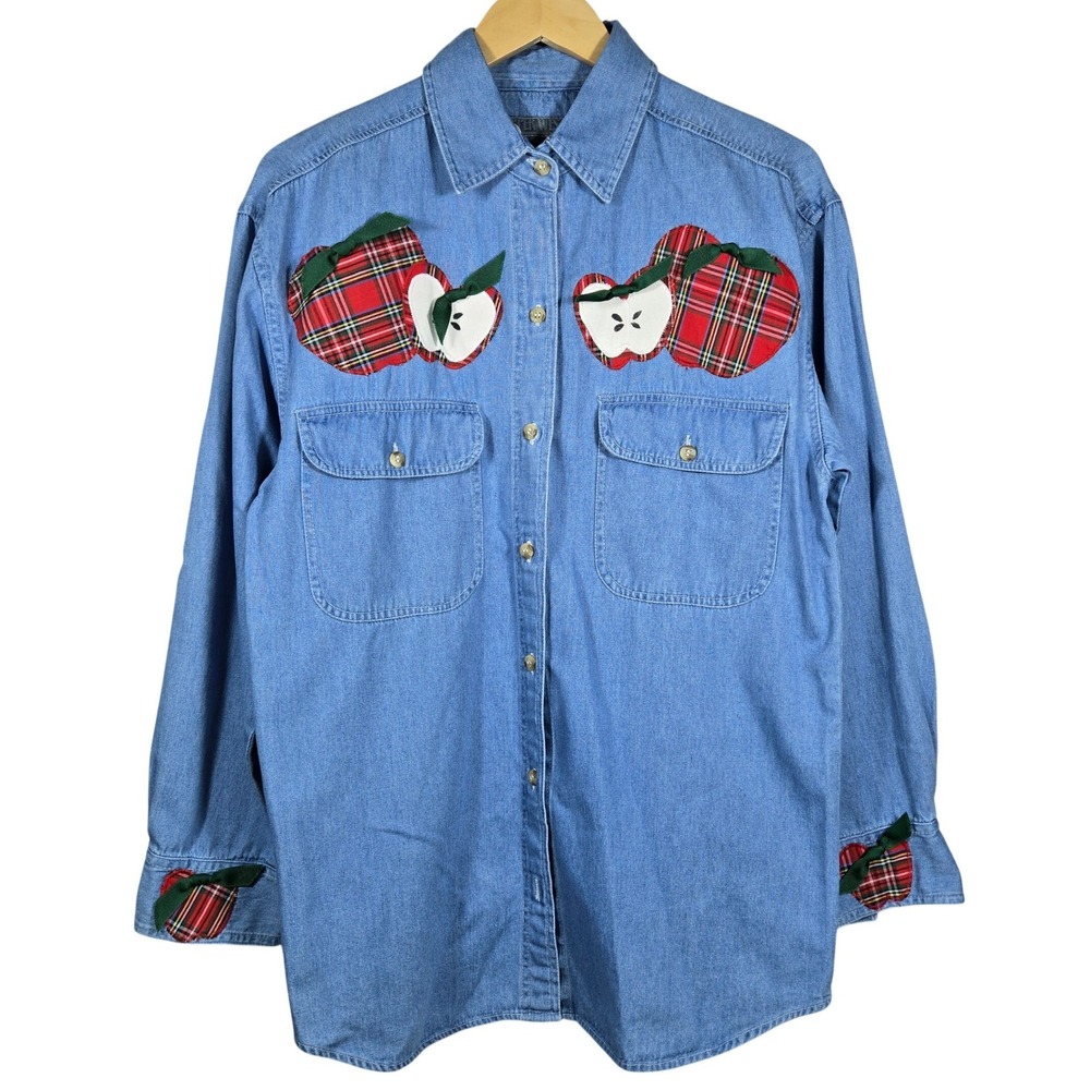 Upper West Side Womens Medium Blue Denim Apple Plaid Patchwork Button Down Shirt